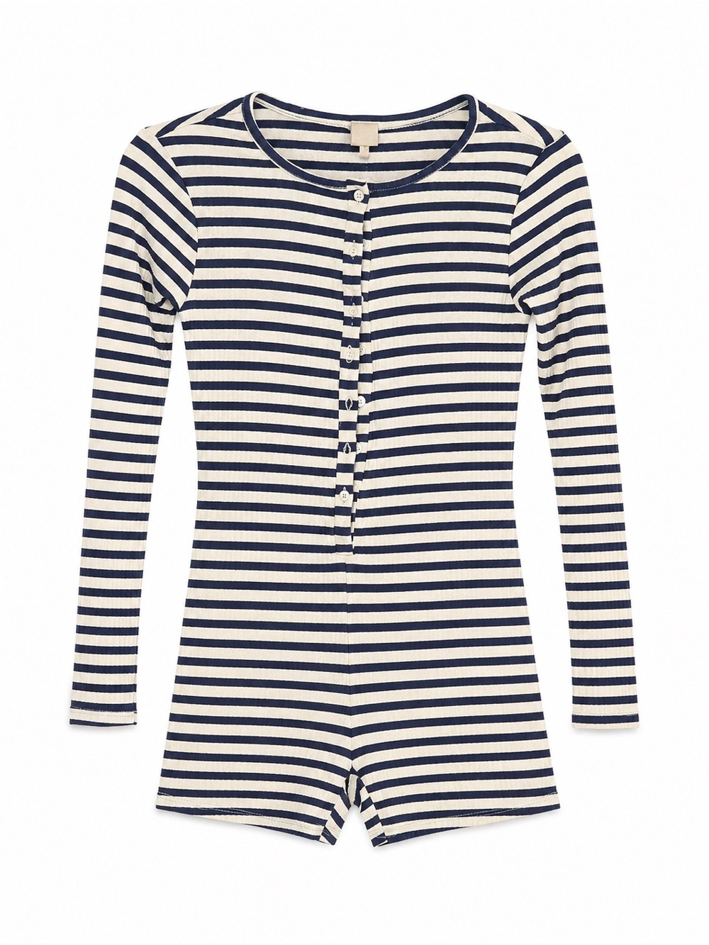 Messy Bun Just Chillin’ | Striped Navy and Cream Long-Sleeve Romper | XS
